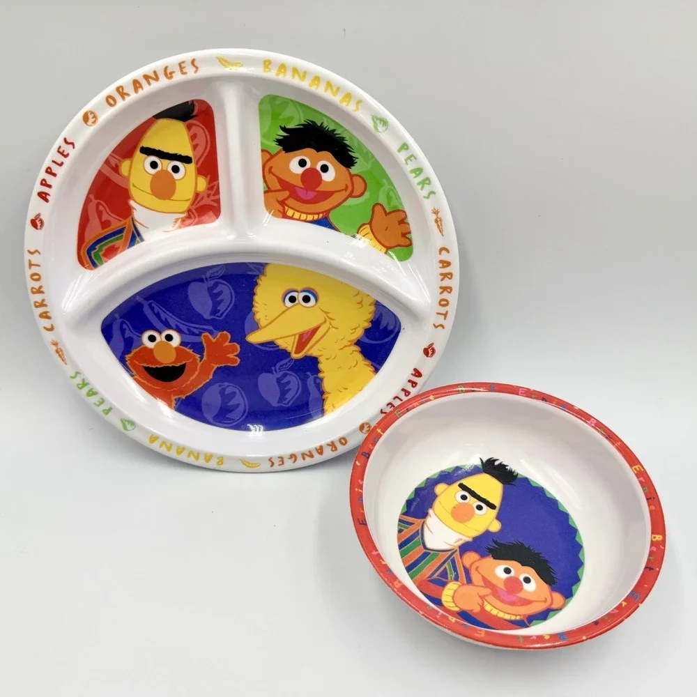 Sesame Street Divided Plate Bowl Set Melamine - Big Bird / Bert / Ernie / Elmo - Picture 1 of 4